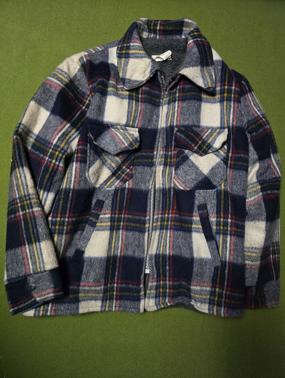 60's Navy & Cream Plaid Zip-Up Wool Jacket